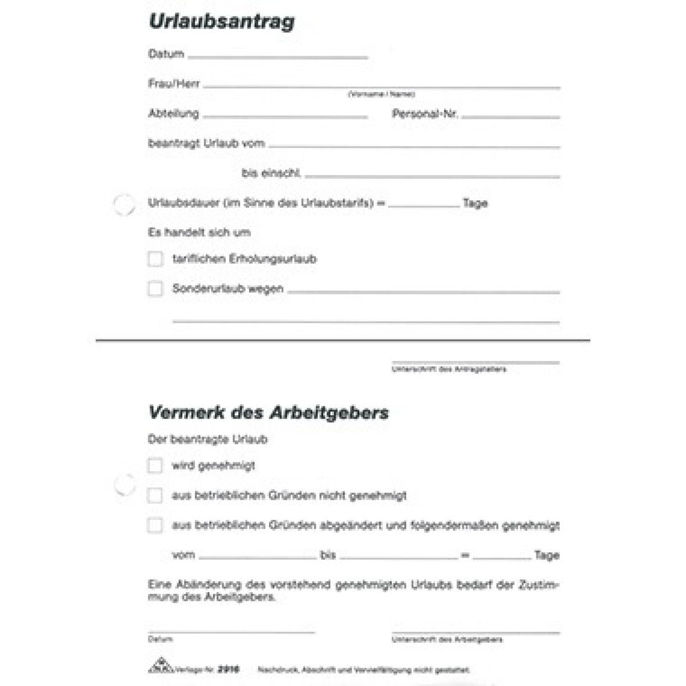 Produktabbildung: RNK Urlaubsantrag 2916 DIN A5 sd Block 2x40Blatt