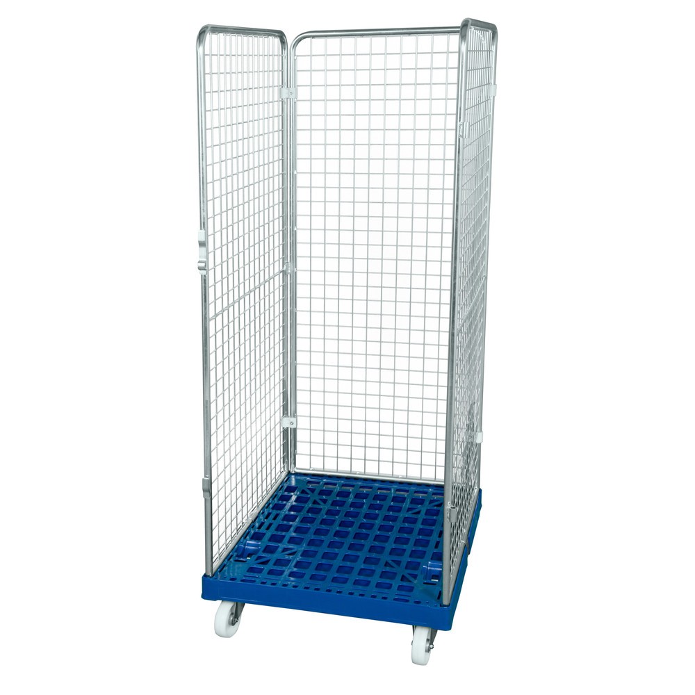 Produktabbildung: Rollbehälter Classic, 3-seitig, feinmaschig, blau verzinkt, Kunststoff-Rollplatte, HxBxT 1.800 x 724 x 815 mm, kieselgrau