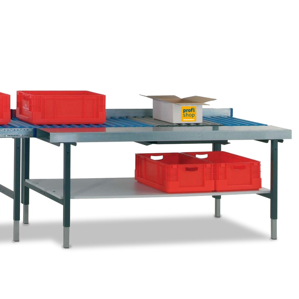 Rocholz Manuell höhenverstellbarer Packtisch SYSTEM 2000, mit Rollenbahn, mit Arbeitsfläche und Waage, HxBxT 690-960 x 1.955 x 920 mm Produktabbildung: Rocholz Manuell höhenverstellbarer Packtisch SYSTEM 2000, mit Rollenbahn, mit Arbeitsfläche und Waage, HxBxT 690-960 x 1.955 x 920 mm