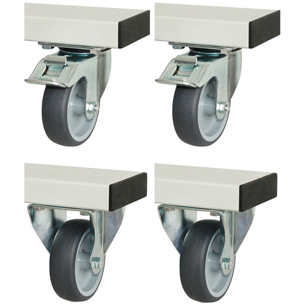 Rollensatz für RAU Serie adlatus 300/600, HxBxT 125 x 100 x 30 mm, 2 Bock- und 2 Lenkrollen mit Feststeller Produktabbildung: Rollensatz für RAU Serie adlatus 300/600, HxBxT 125 x 100 x 30 mm, 2 Bock- und 2 Lenkrollen mit Feststeller