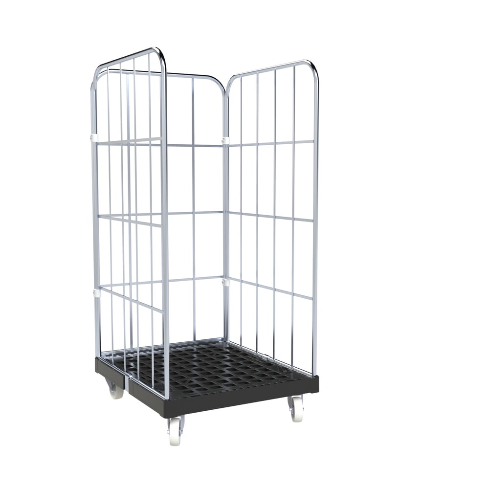 Produktabbildung: rolltainer® 3-seitiger Rollbehälter BASIC, Kunststoff-Rollplatte, schwarz, HxBxT 1.530 x 724 x 827 mm, Gitterwände