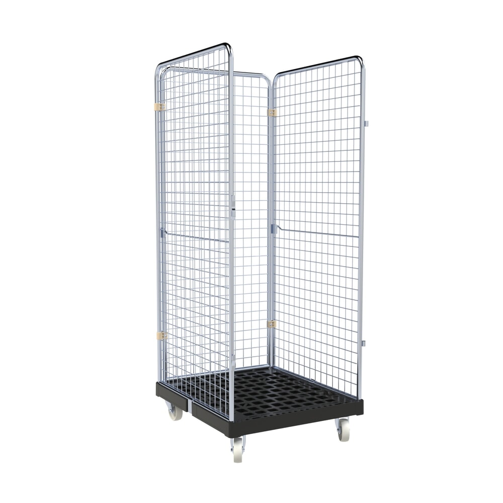 Produktabbildung: rolltainer® 3-seitiger Rollbehälter BASIC, Kunststoff-Rollplatte, schwarz, HxBxT 1.800 x 724 x 815 mm, Feingitter-Wände
