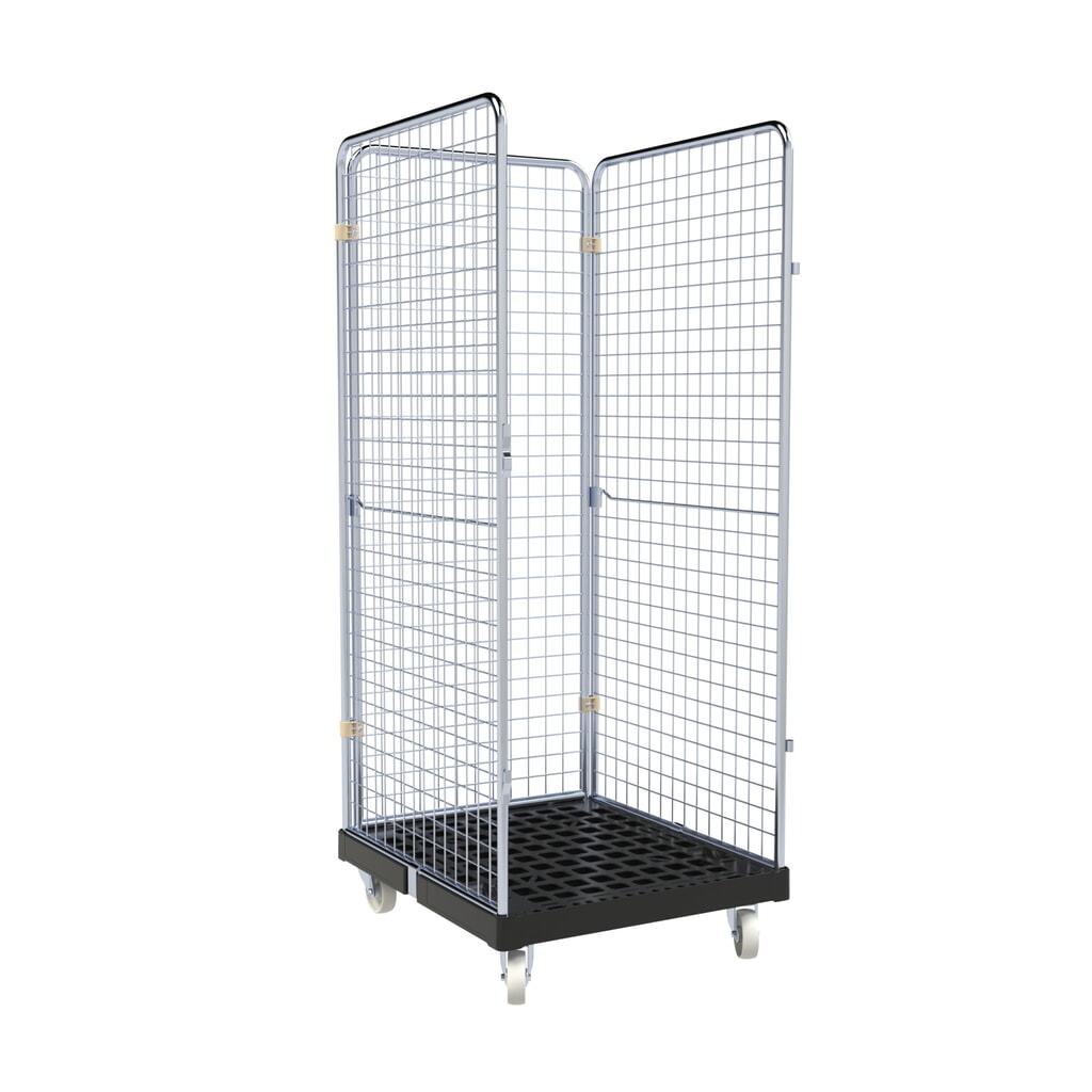 Produktabbildung: rolltainer® 3-seitiger Rollbehälter BASIC, Kunststoff-Rollplatte, schwarz, HxBxT 1.800 x 724 x 815 mm, Feingitter-Wände