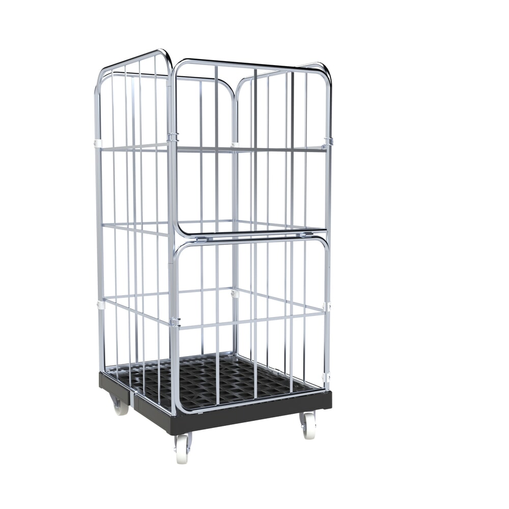 Produktabbildung: rolltainer® 4-seitiger Rollbehälter BASIC, Rollplatte aus Recycling-Kunststoff, schwarz, HxBxT 1.530 x 724 x 845 mm, geteilte Vorderwand