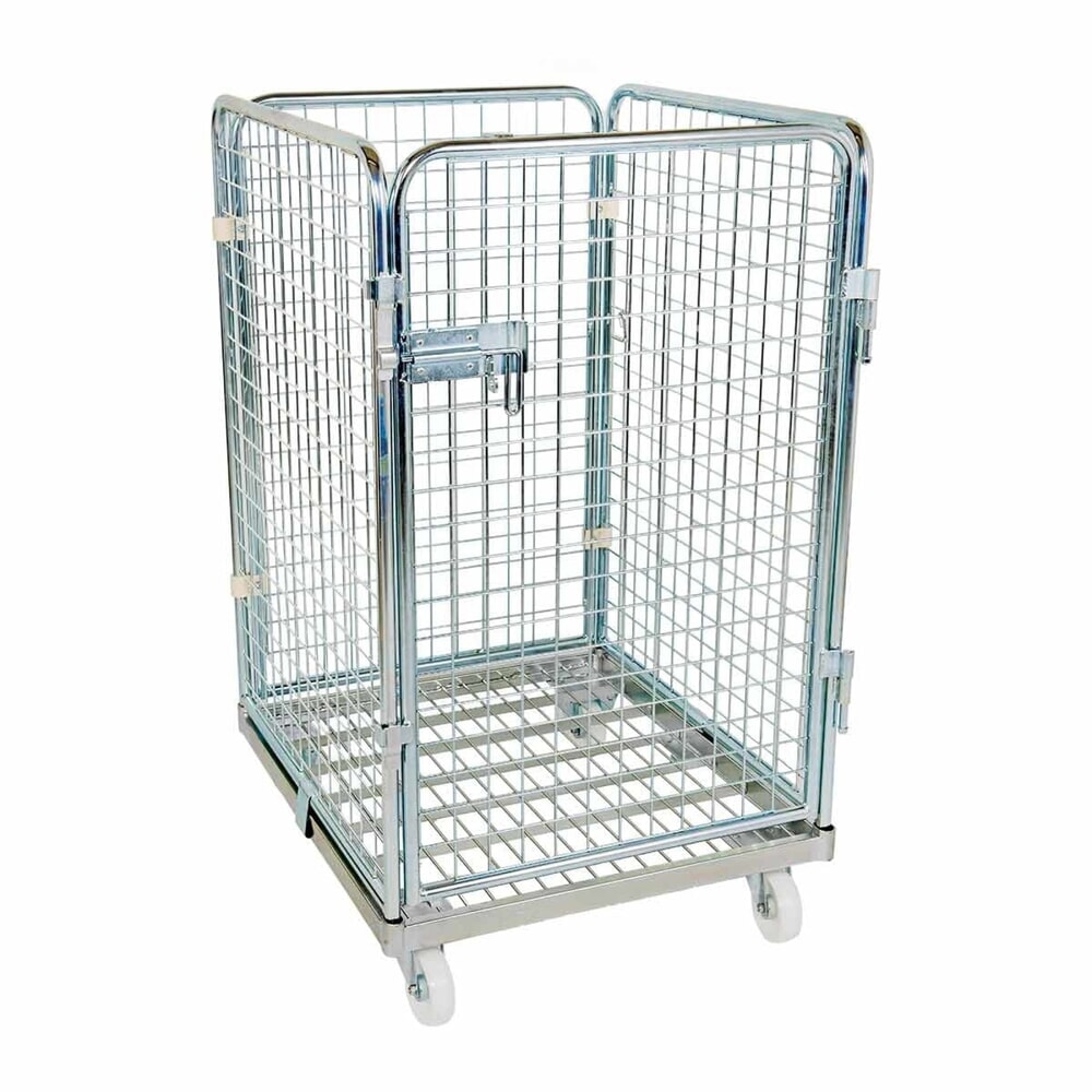 Produktabbildung: rolltainer® 4-seitiger Rollbehälter, Metall-Rollplatte, einteilige Vorderwand, verzinkte Feingitter-Wände, HxBxT 1.210 x 724 x 815 mm