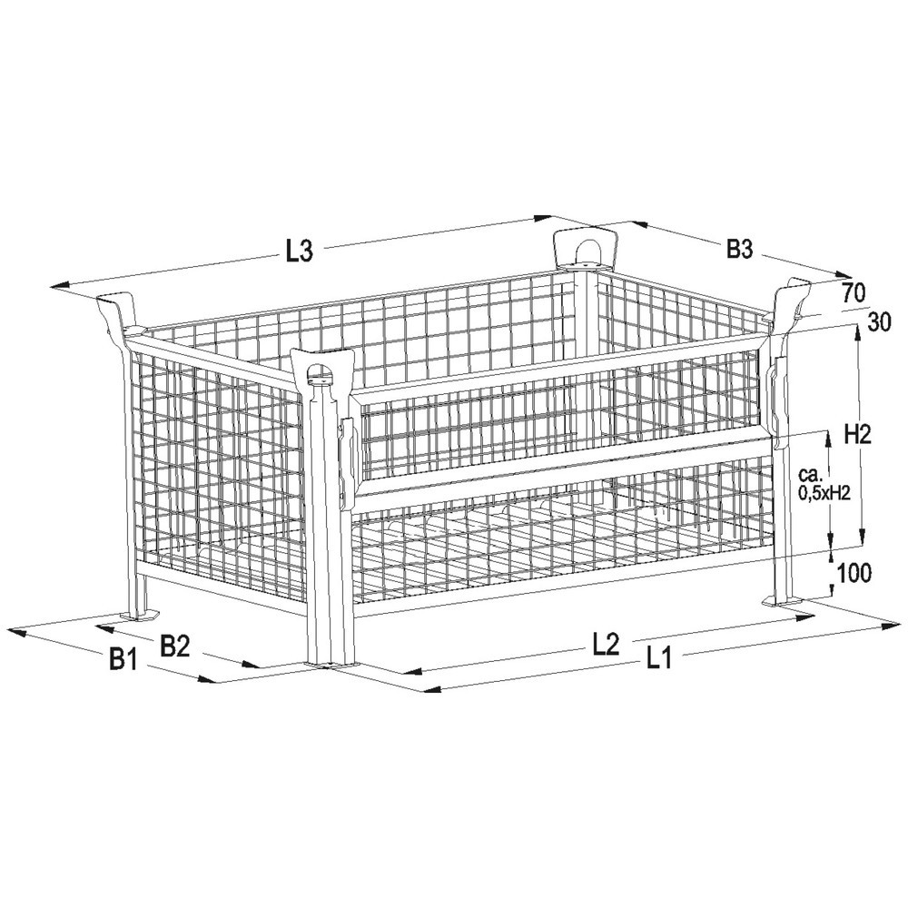 Productafbeelding nr. 2: Industriële gitterbox HESON®, met ½ roosterklep, gelakt, hxbxd 600 x 800 x 600 mm, muisgrijs