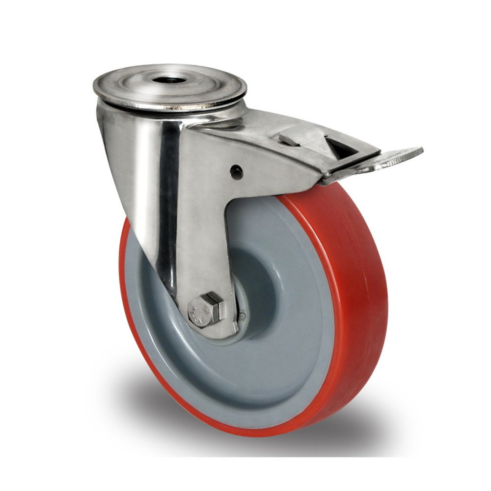 Illustration du produit: Roue directrice à trou dorsal avec blocage total ø 80 mm série N2U6 Palier à rouleaux en acier inoxydable