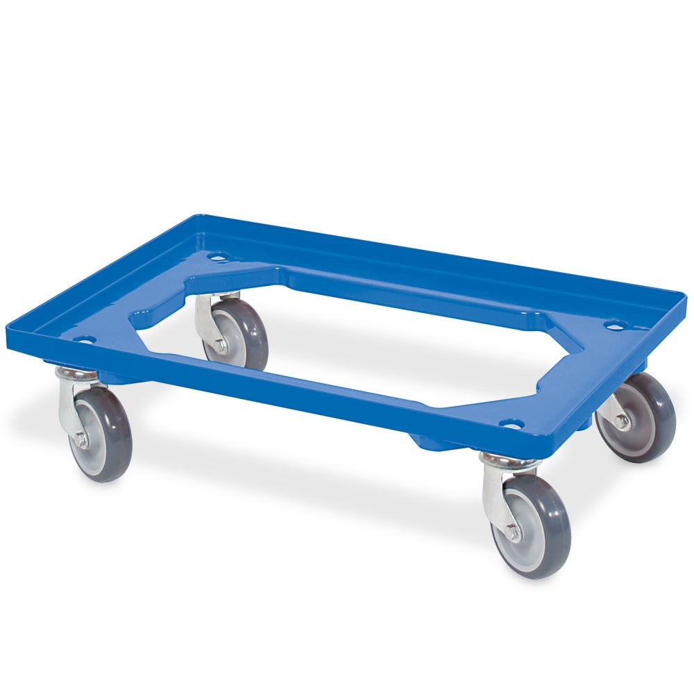 N° de l'image du produit 1 : Rouleau de transport pour Bacs empilables Euro 600x400 mm bleu, 4 roulettes pivotantes, roues en Caoutchouc gris