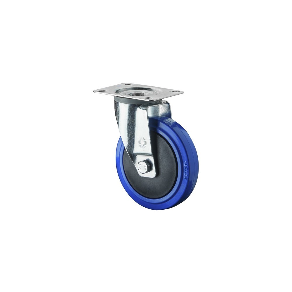 Illustration du produit: Roulette de transport en caoutchouc élastique, bleue, roue directrice, roulement à billes, plaque, Ø x largeur 80 x 32 mm, capacité de charge 120 kg