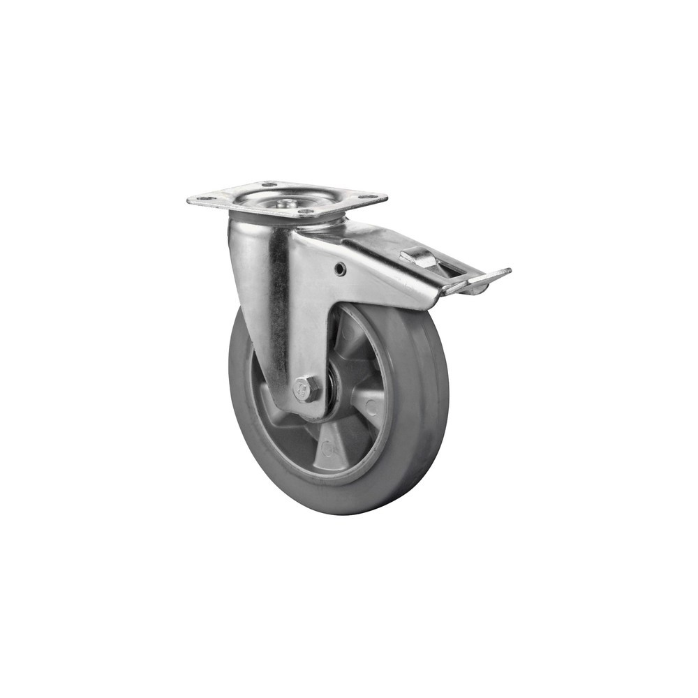 Illustration du produit: Roulette de transport en caoutchouc élastique, grise, roue directrice avec dispositif de blocage, roulement à billes, plaque, Ø x largeur 100 x 40 mm, capacité de charge 150 kg