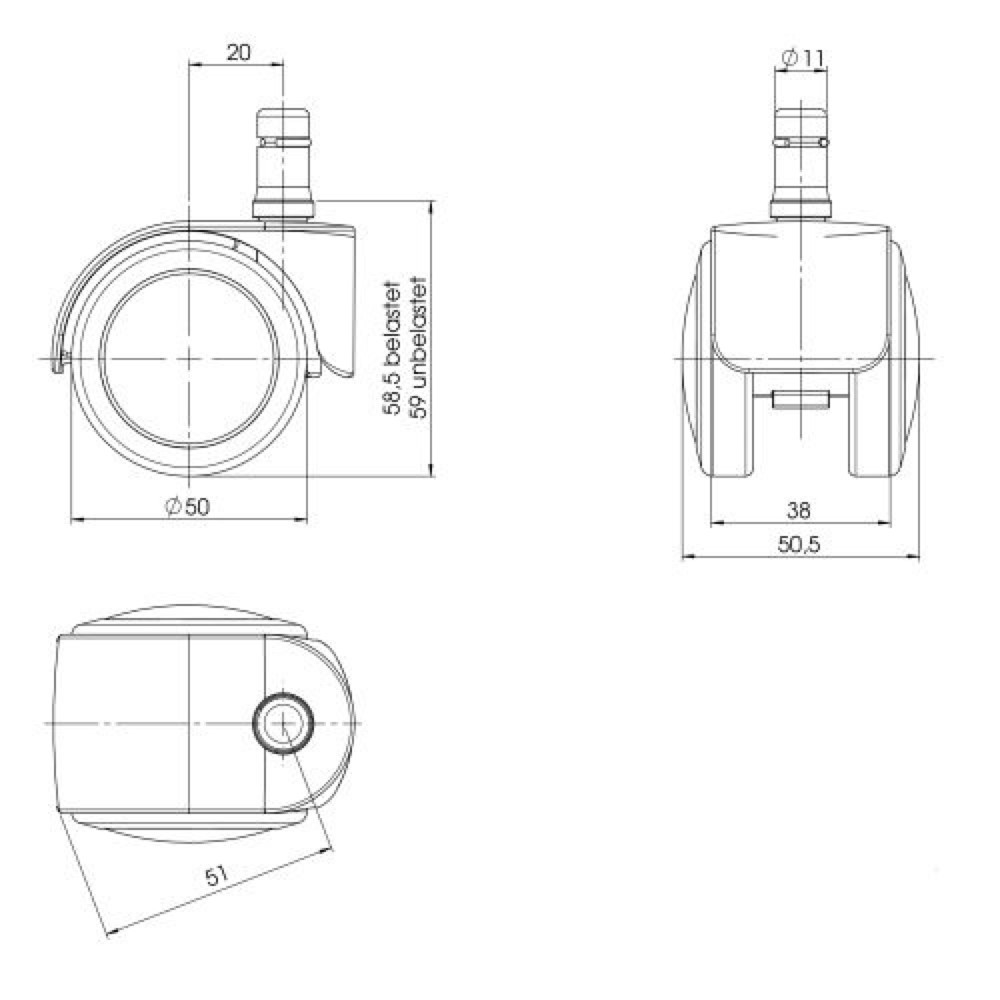 N° de l'image du produit 2 : 5x roulettes pour sols durs hjh OFFICE ROLO EASY 11mm / 50mm roulettes de chaise de bureau, (lot de 5)