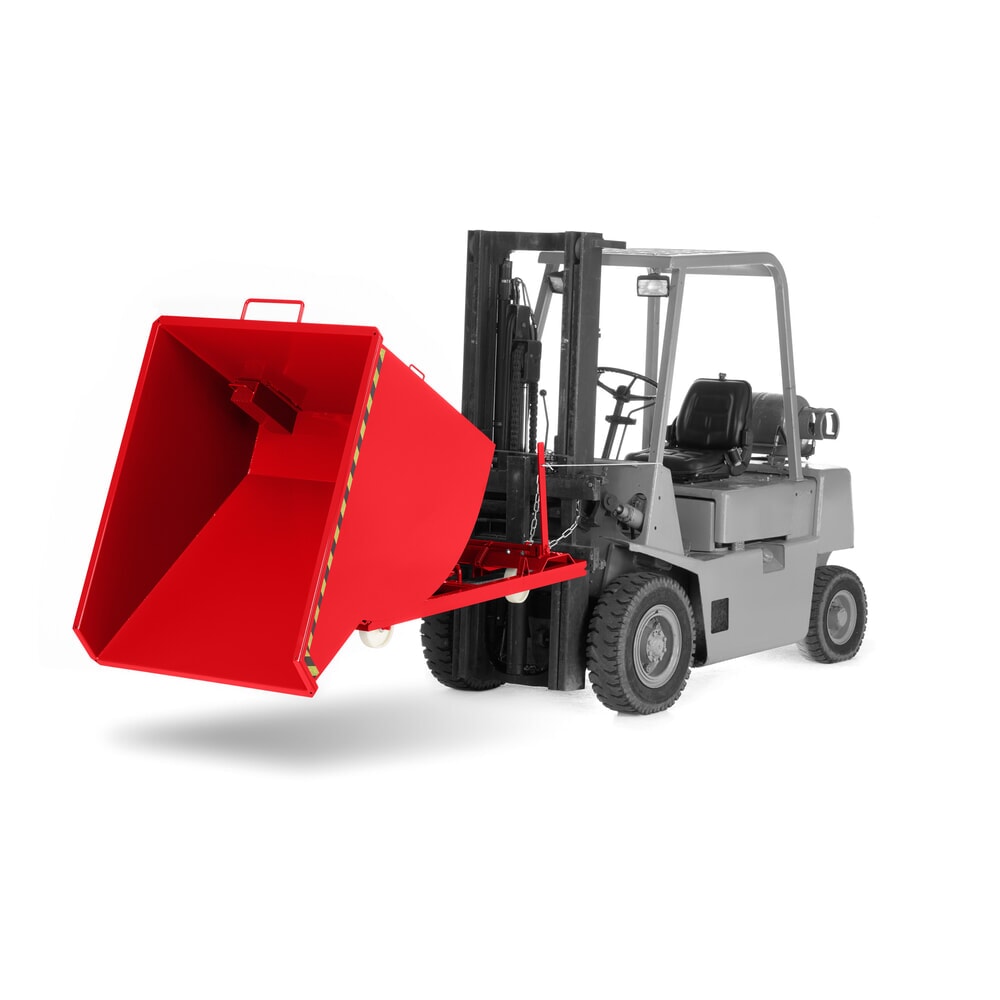 Produktabbildung: RR-Industrietechnik® Fahrbarer Späne-Kippbehälter mit Siebblockeinsatz, Volumen 0,3 m³, Tragfähigkeit 750 kg, RAL 3000 feuerrot