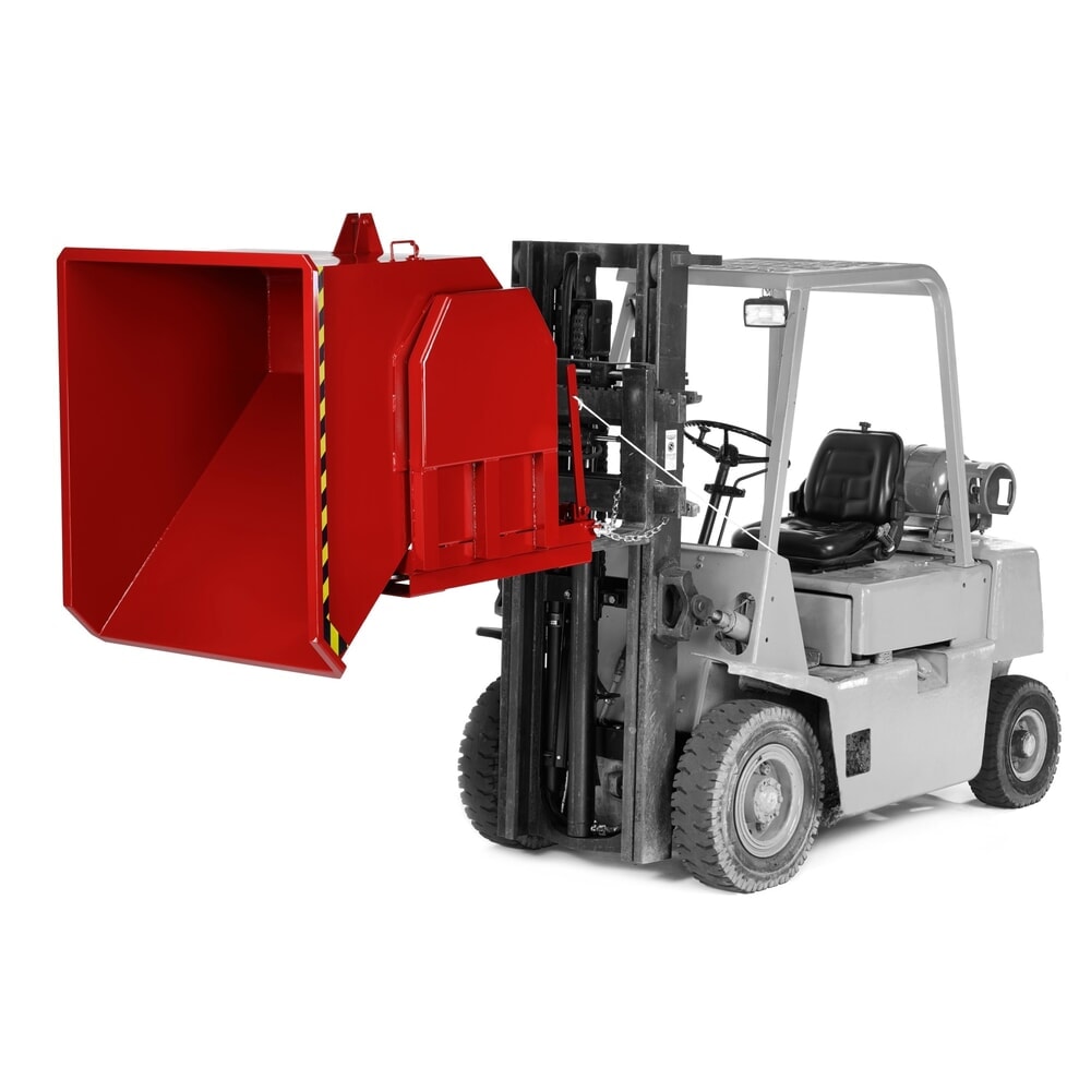 Produktabbildung: RR-Industrietechnik® Schwerlast-Kippbehälter mit seitlicher Kippführung, Volumen 0,3 m³, Tragfähigkeit 1500 kg, RAL 3000 feuerrot