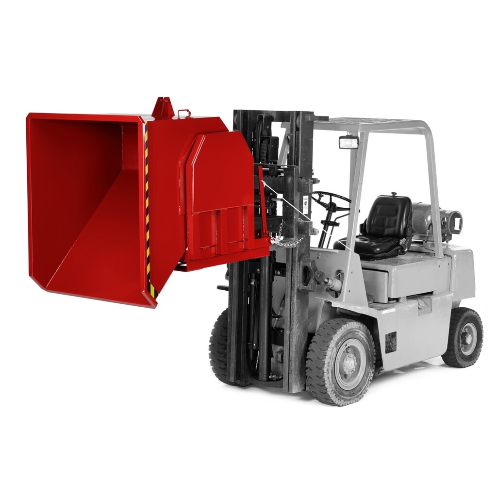 Produktabbildung: RR-Industrietechnik® Schwerlast-Kippbehälter mit seitlicher Kippführung, Volumen 0,3 m³, Tragfähigkeit 1500 kg, RAL 3000 feuerrot