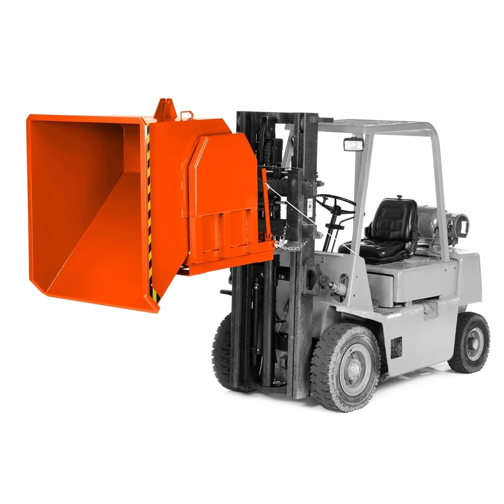Produktabbildung: RR-Industrietechnik® Schwerlast-Kippbehälter mit seitlicher Kippführung, Volumen 0,3 m³, Tragfähigkeit 1500 kg, RAL 2004 reinorange