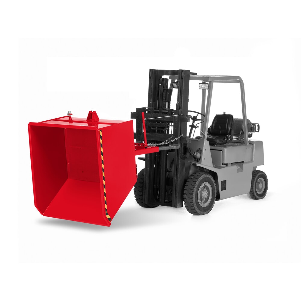 Produktabbildung: RR-Industrietechnik® Späne-Kippbehälter mit Lochblechdoppelboden und Ablasshahn, Volumen 0,3 m³, Tragfähigkeit 900 kg, RAL 3000 feuerrot