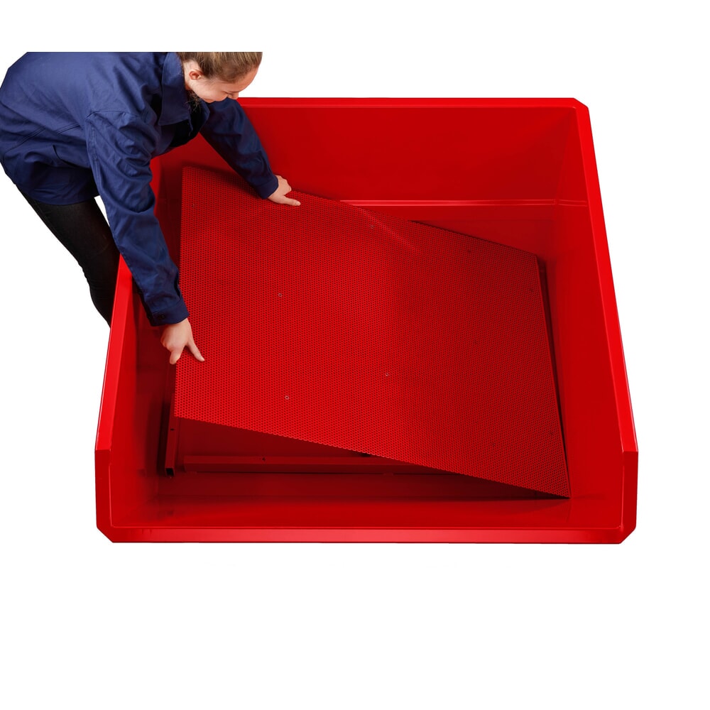 Produktabbildung Nr. 3: RR-Industrietechnik® Späne-Kippbehälter mit Lochblechdoppelboden und Ablasshahn, Volumen 0,3 m³, Tragfähigkeit 900 kg, RAL 3000 feuerrot