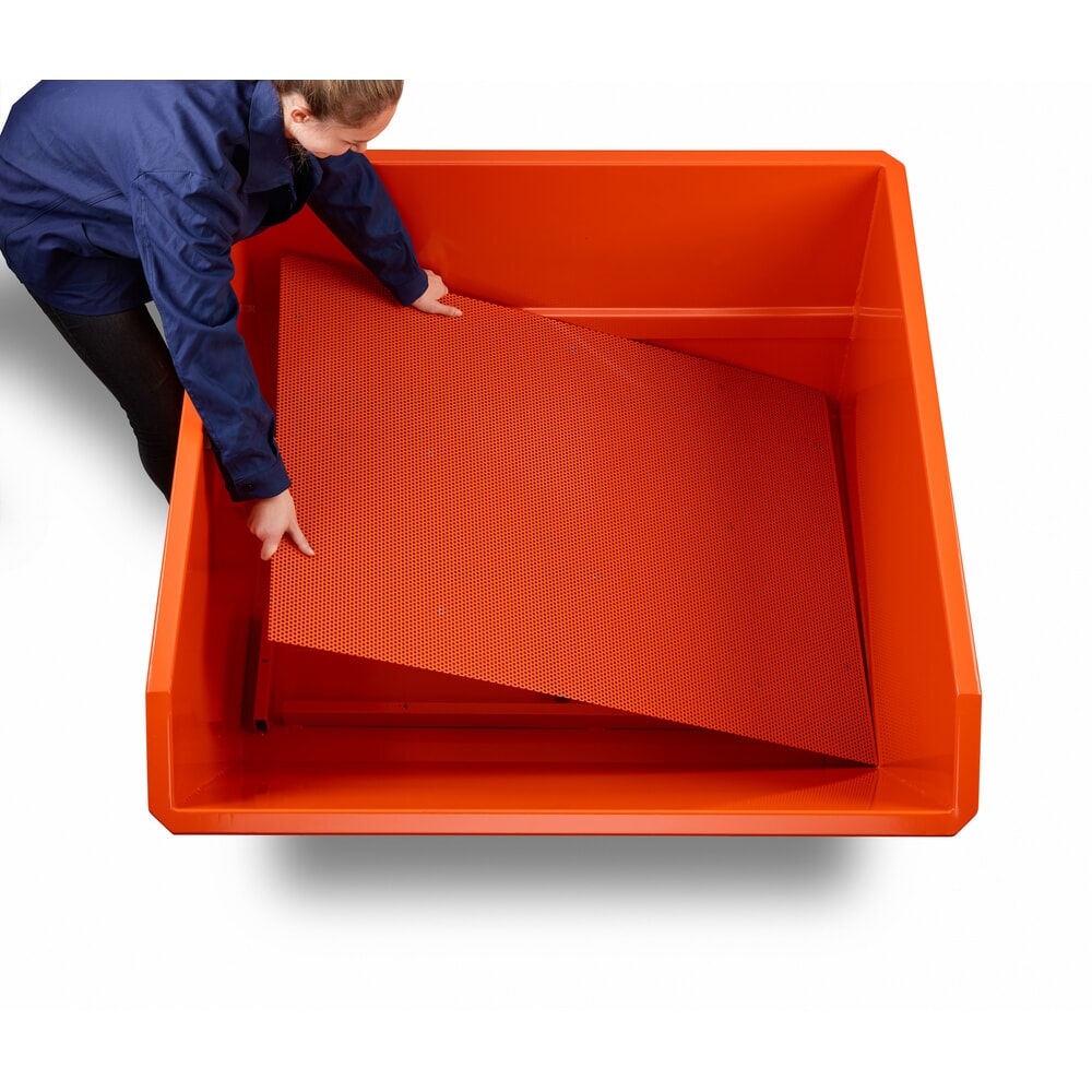Produktabbildung Nr. 2: RR-Industrietechnik® Späne-Kippbehälter mit Lochblechdoppelboden und Ablasshahn, Volumen 0,3 m³, Tragfähigkeit 900 kg, RAL 2004 reinorange