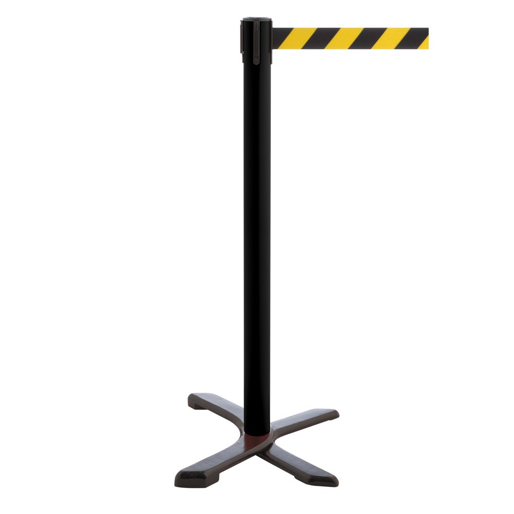 Produktabbildung Nr. 1: RS-GUIDESYSTEMS® Absperrpfosten Kreuzfuß, Gurtlänge 4 m, schwarz, schwarz / gelb diagonal gestreift