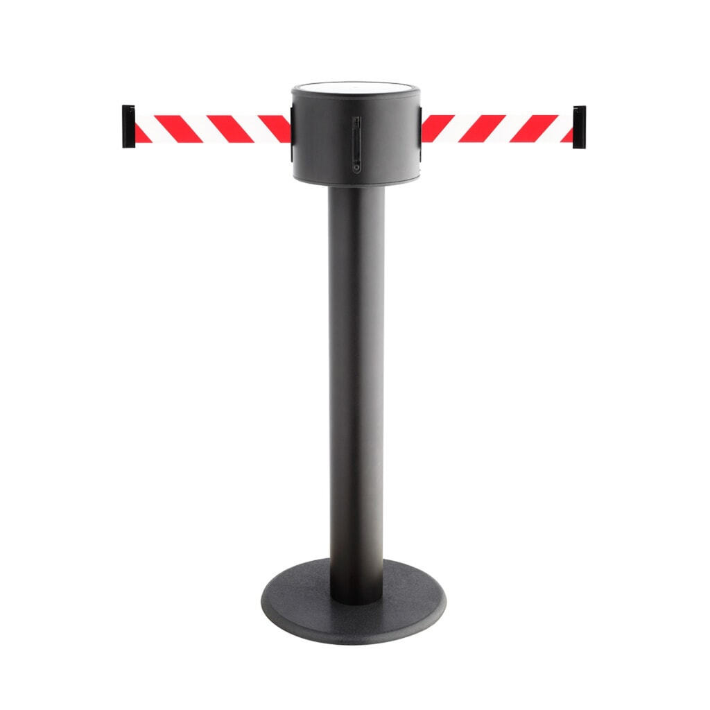 Produktabbildung: RS-GUIDESYSTEMS® Gurt-Absperrpfosten, 2-seitig, aus Metall + 2 Wandclips, rot / weiß diagonal gestreift