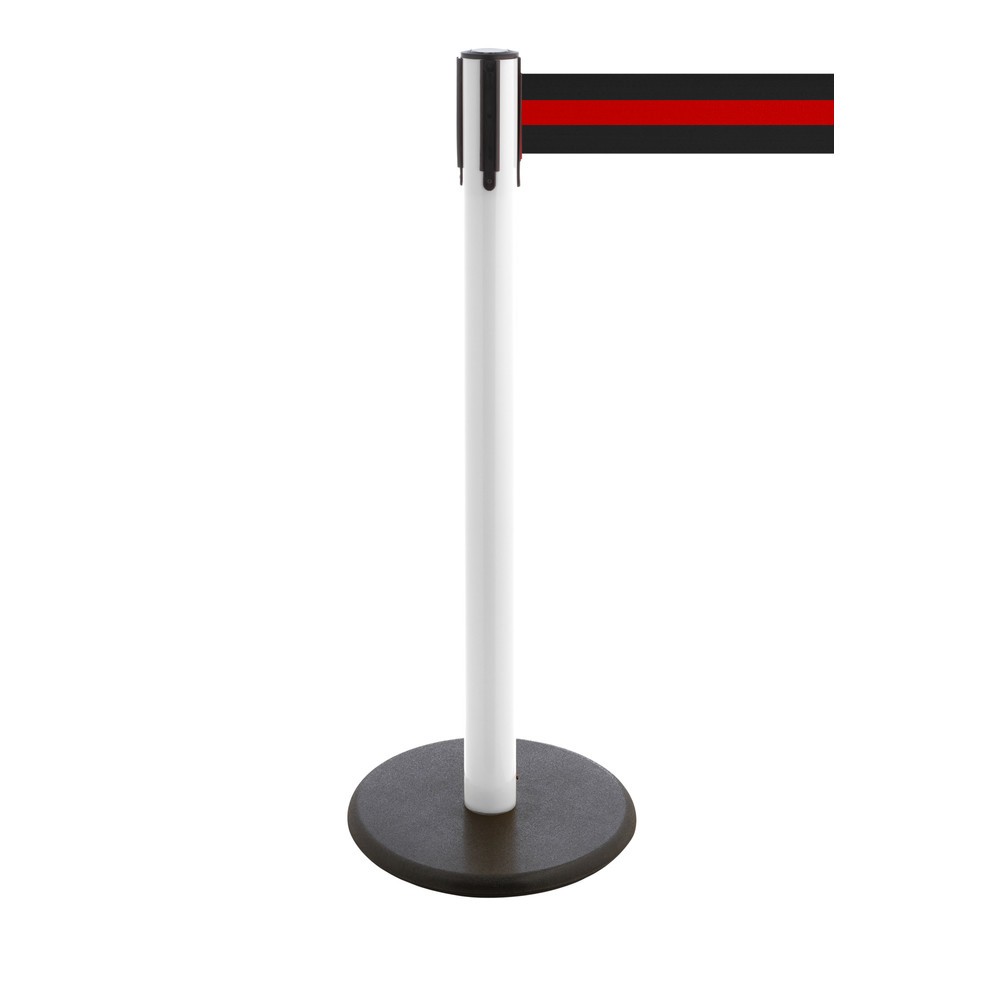 Produktabbildung Nr. 1: RS-GUIDESYSTEMS® Gurt-Absperrpfosten, Bodenteller aus Guss, Gurtbreite 100 mm, weiß, schwarz / rot horizontal gestreift, 3,8 m