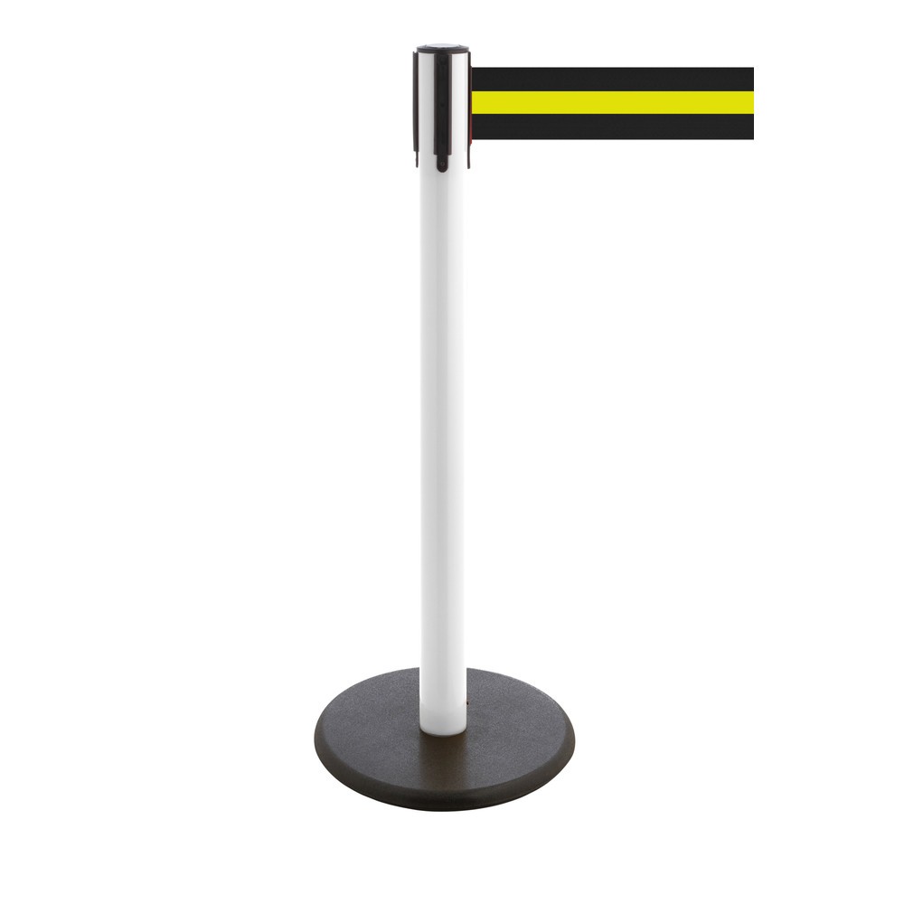 Produktabbildung Nr. 1: RS-GUIDESYSTEMS® Gurt-Absperrpfosten, Bodenteller aus Guss, Gurtbreite 100 mm, weiß, schwarz / gelb horizontal gestreift, 3,8 m