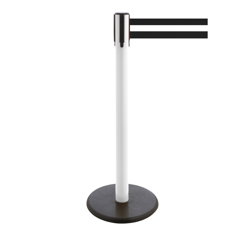 Produktabbildung Nr. 1: RS-GUIDESYSTEMS® Gurt-Absperrpfosten, Bodenteller aus Guss, Gurtbreite 100 mm, weiß, schwarz / weiß horizontal gestreift, 2,3 m