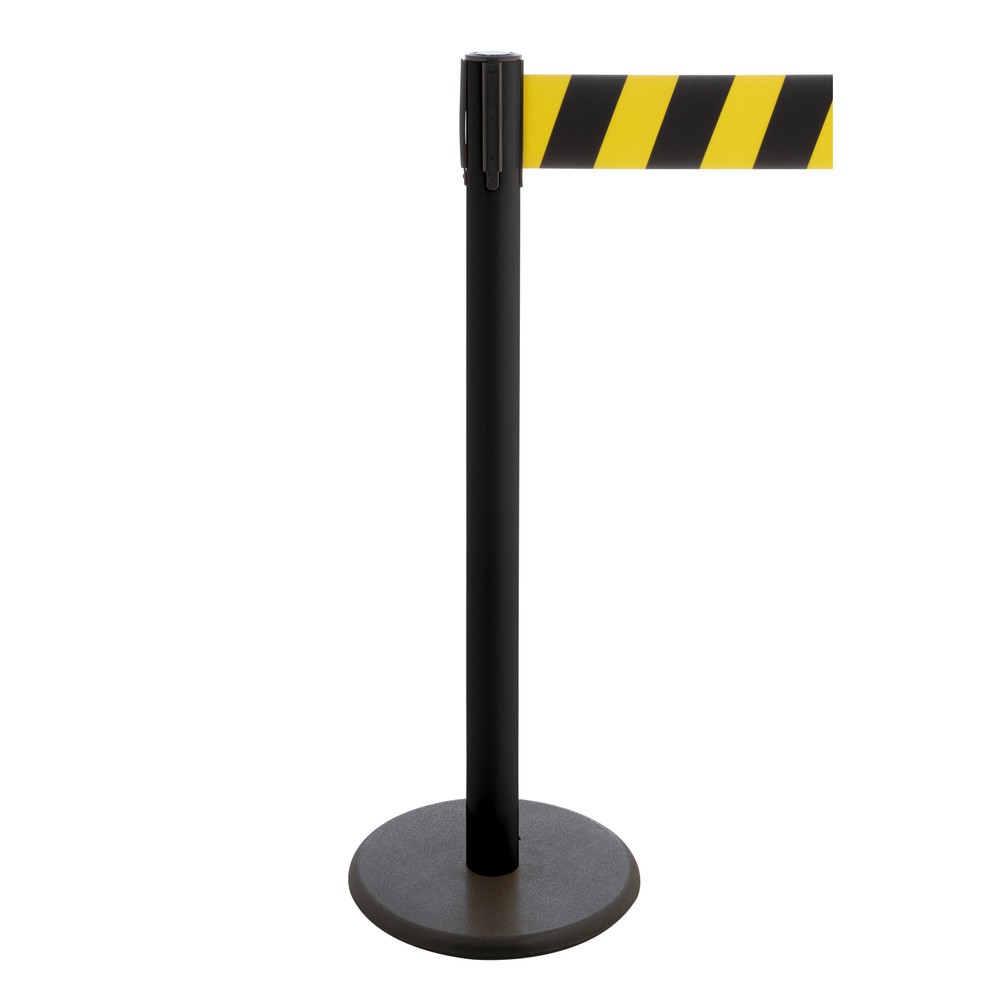 Produktabbildung Nr. 1: RS-GUIDESYSTEMS® Gurt-Absperrpfosten, Bodenteller aus Guss, Gurtbreite 100 mm, schwarz, schwarz / gelb diagonal gestreift, 2,3 m
