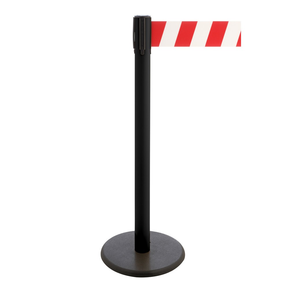 Produktabbildung Nr. 1: RS-GUIDESYSTEMS® Gurt-Absperrpfosten, Bodenteller aus Guss, Gurtbreite 100 mm, schwarz, rot / weiß diagonal gestreift, 3,8 m