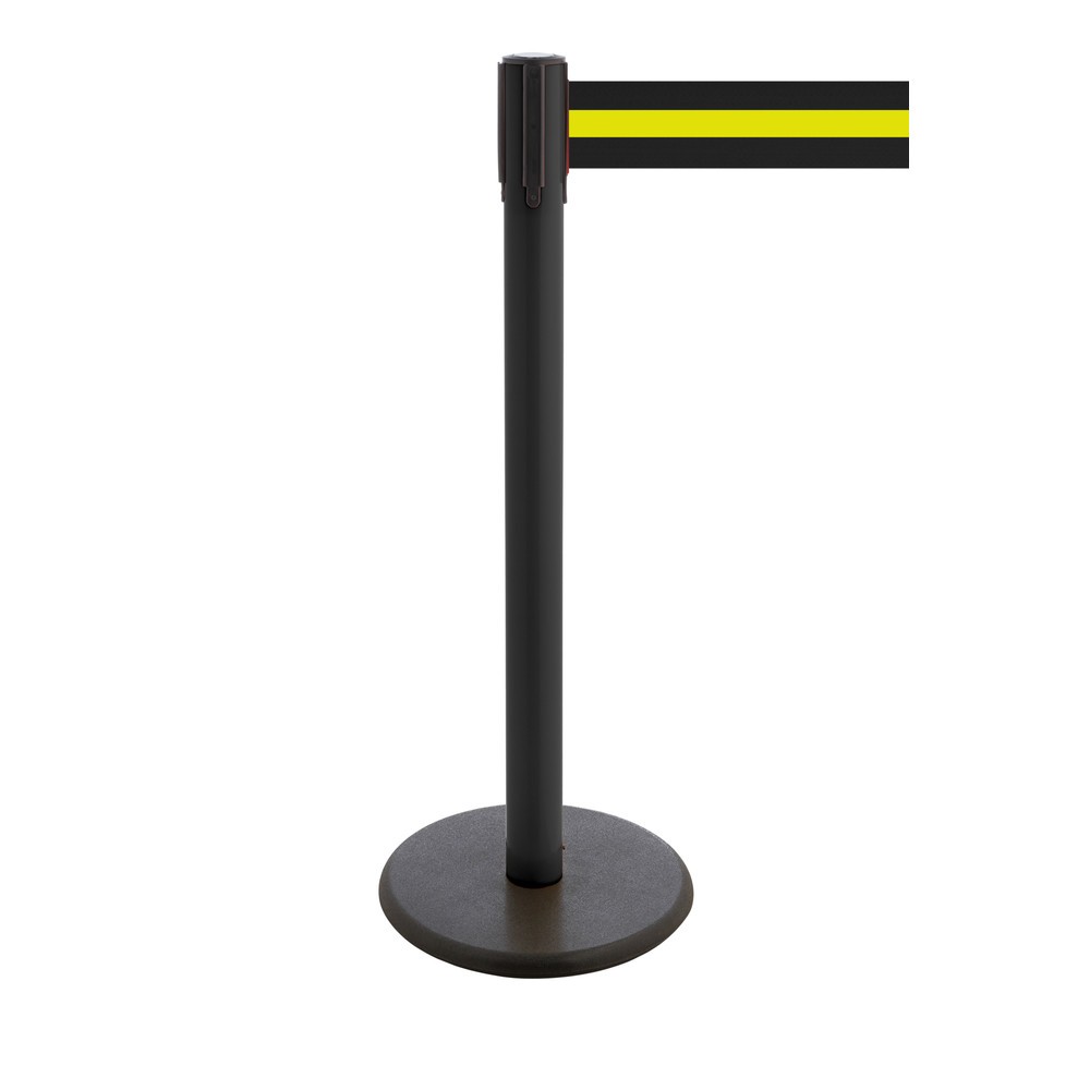 Produktabbildung Nr. 1: RS-GUIDESYSTEMS® Gurt-Absperrpfosten, Bodenteller aus Guss, Gurtbreite 100 mm, schwarz, schwarz / gelb horizontal gestreift, 2,3 m