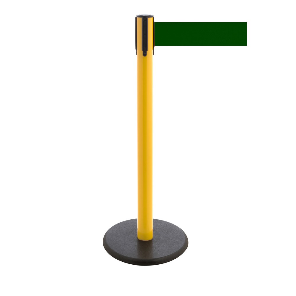 Produktabbildung Nr. 1: RS-GUIDESYSTEMS® Gurt-Absperrpfosten, Bodenteller aus Guss, Gurtbreite 100 mm, gelb, dunkelgrün, 3,8 m