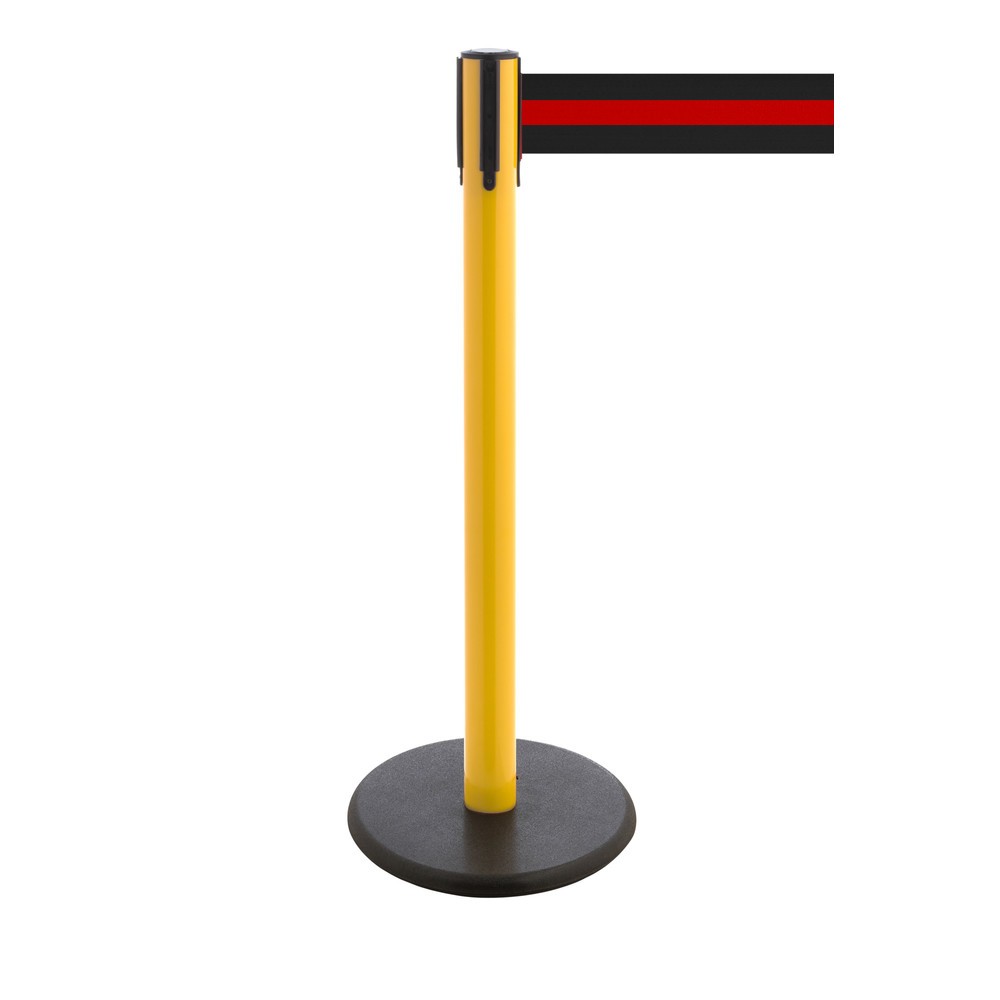 Produktabbildung Nr. 1: RS-GUIDESYSTEMS® Gurt-Absperrpfosten, Bodenteller aus Guss, Gurtbreite 100 mm, gelb, schwarz / rot horizontal gestreift, 3,8 m
