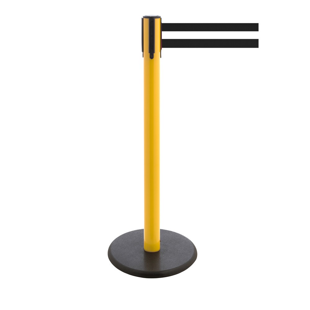 Produktabbildung Nr. 1: RS-GUIDESYSTEMS® Gurt-Absperrpfosten, Bodenteller aus Guss, Gurtbreite 100 mm, gelb, schwarz / weiß horizontal gestreift, 3,8 m