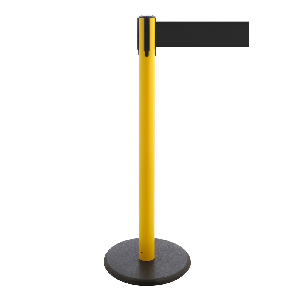 Produktabbildung Nr. 1: RS-GUIDESYSTEMS® Gurt-Absperrpfosten, Bodenteller aus Guss, Gurtbreite 100 mm, gelb, schwarz, 2,3 m