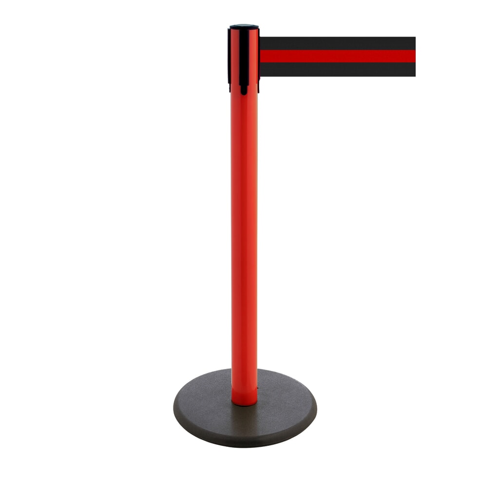 Produktabbildung: RS-GUIDESYSTEMS® Gurt-Absperrpfosten, Bodenteller aus Guss, Gurtbreite 100 mm, rot, schwarz / rot horizontal gestreift, 3,8 m