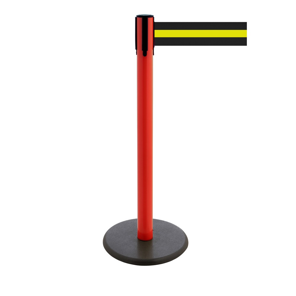 Produktabbildung Nr. 1: RS-GUIDESYSTEMS® Gurt-Absperrpfosten, Bodenteller aus Guss, Gurtbreite 100 mm, rot, schwarz / gelb horizontal gestreift, 2,3 m