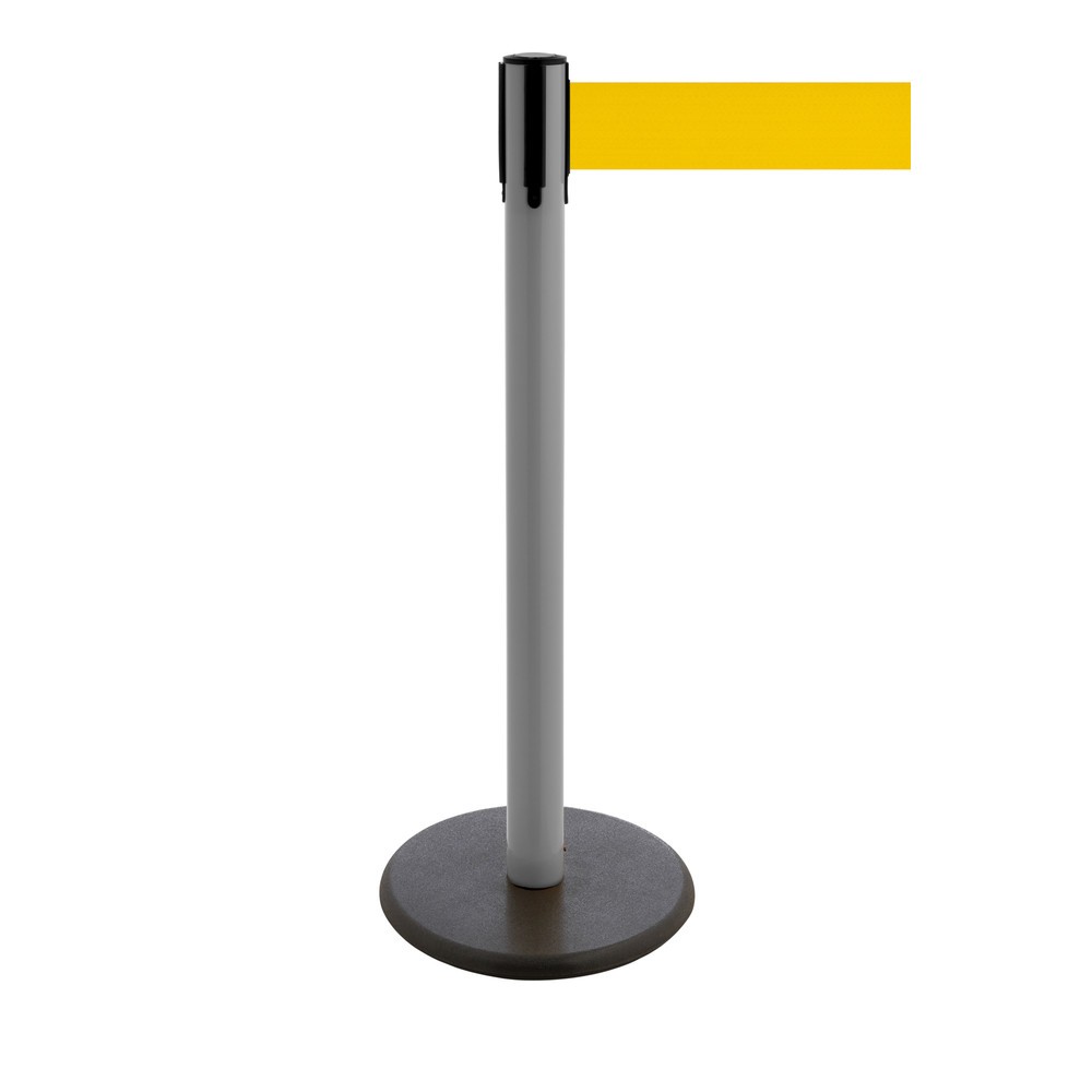 Produktabbildung Nr. 1: RS-GUIDESYSTEMS® Gurt-Absperrpfosten, Bodenteller aus Guss, Gurtbreite 100 mm, anthrazit, gelb, 3,8 m