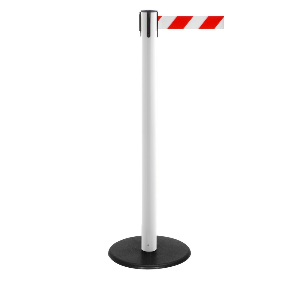 Produktabbildung Nr. 1: RS-GUIDESYSTEMS® Gurt-Absperrpfosten, Bodenteller aus Guss, Gurtbreite 50 mm, weiß, rot / weiß diagonal gestreift, 4,0 m