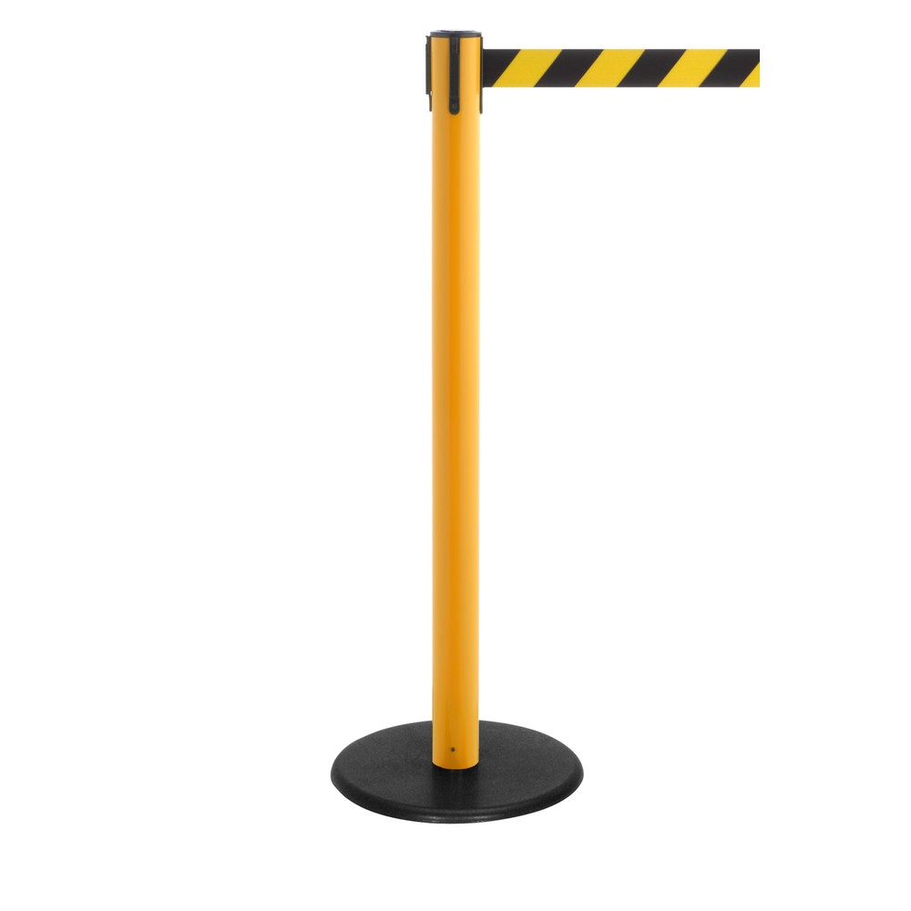 Produktabbildung Nr. 1: RS-GUIDESYSTEMS® Gurt-Absperrpfosten, Bodenteller aus Guss, Gurtbreite 50 mm, gelb, schwarz / gelb diagonal gestreift, 2,3 m