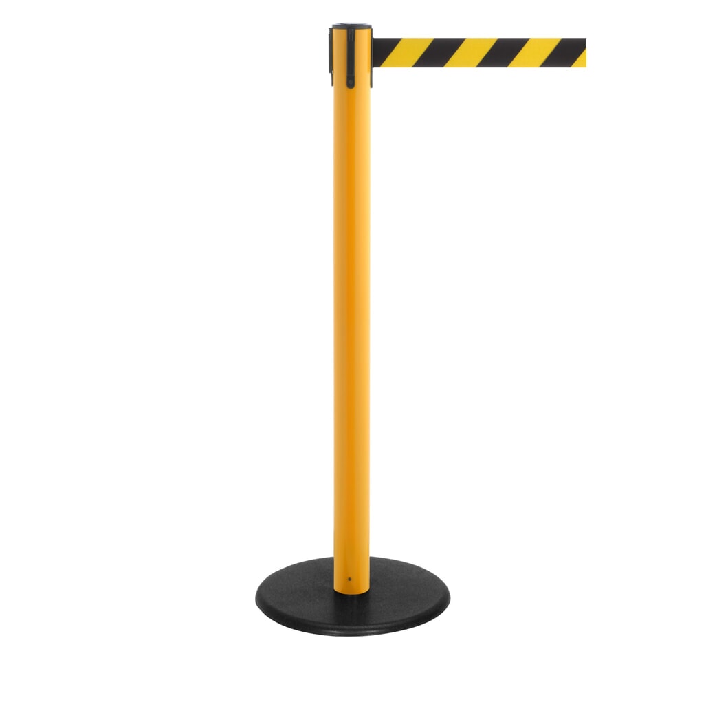 RS-GUIDESYSTEMS® Gurt-Absperrpfosten, Bodenteller aus Guss, Gurtbreite 50 mm, gelb, schwarz / gelb diagonal gestreift, 4,0 m Produktabbildung: RS-GUIDESYSTEMS® Gurt-Absperrpfosten, Bodenteller aus Guss, Gurtbreite 50 mm, gelb, schwarz / gelb diagonal gestreift, 4,0 m