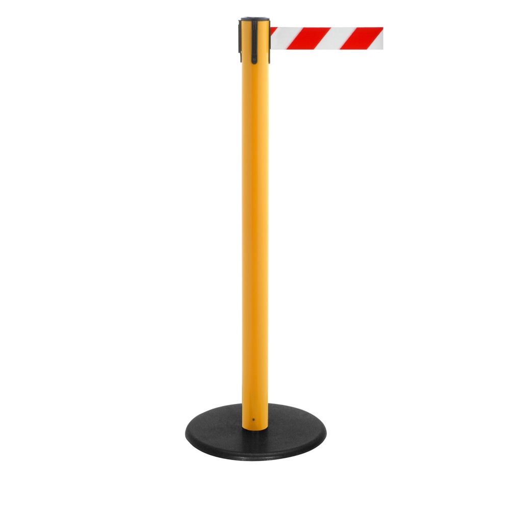 Produktabbildung Nr. 1: RS-GUIDESYSTEMS® Gurt-Absperrpfosten, Bodenteller aus Guss, Gurtbreite 50 mm, gelb, rot / weiß diagonal gestreift, 2,3 m