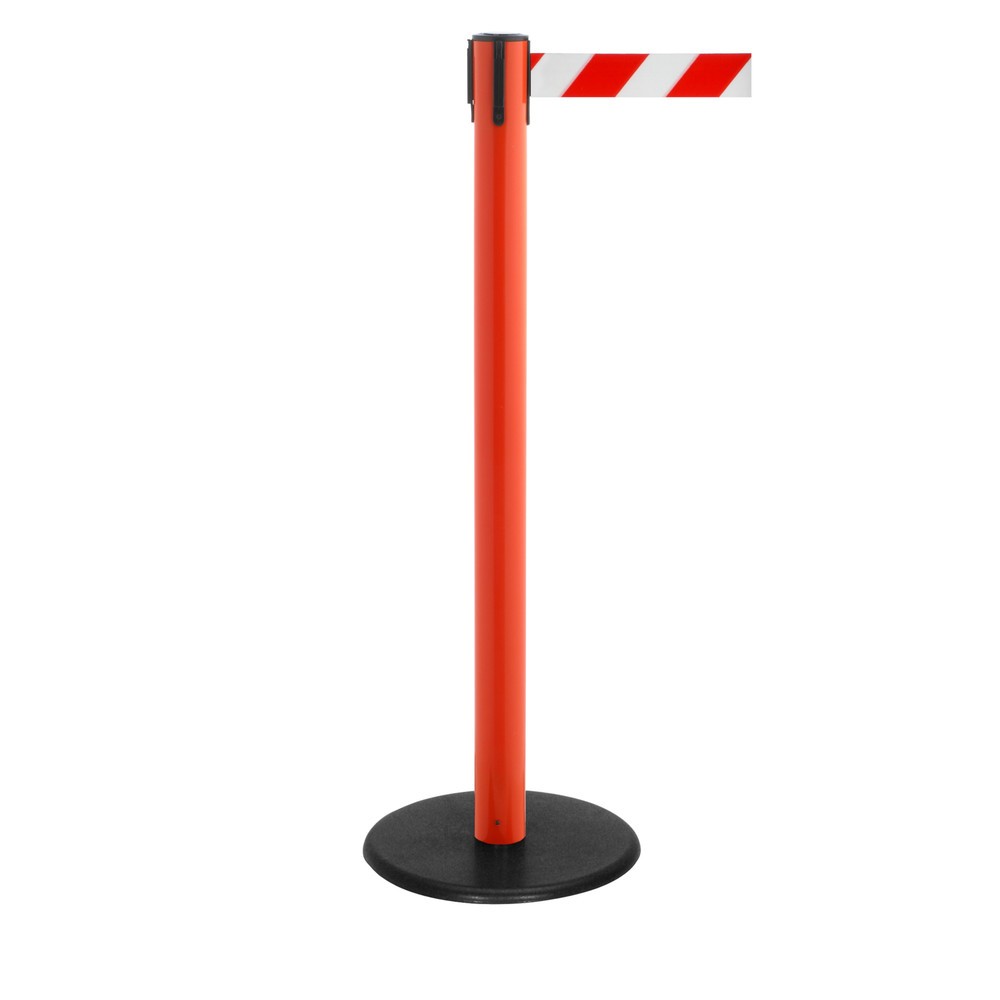 Produktabbildung Nr. 1: RS-GUIDESYSTEMS® Gurt-Absperrpfosten, Bodenteller aus Guss, Gurtbreite 50 mm, rot, rot / weiß diagonal gestreift, 2,3 m