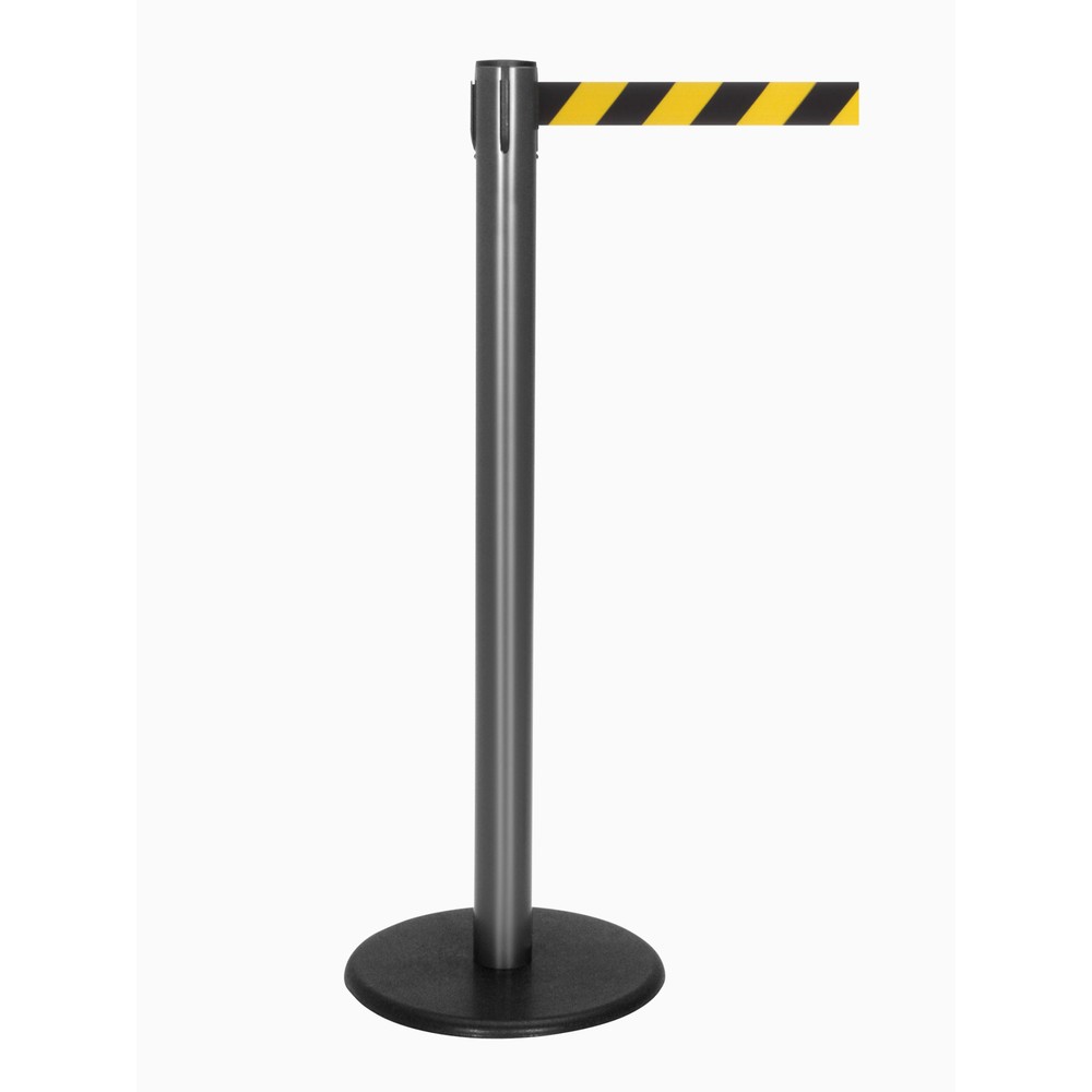 Produktabbildung Nr. 1: RS-GUIDESYSTEMS® Gurt-Absperrpfosten, Bodenteller aus Guss, Gurtbreite 50 mm, anthrazit, schwarz / gelb diagonal gestreift, 2,3 m