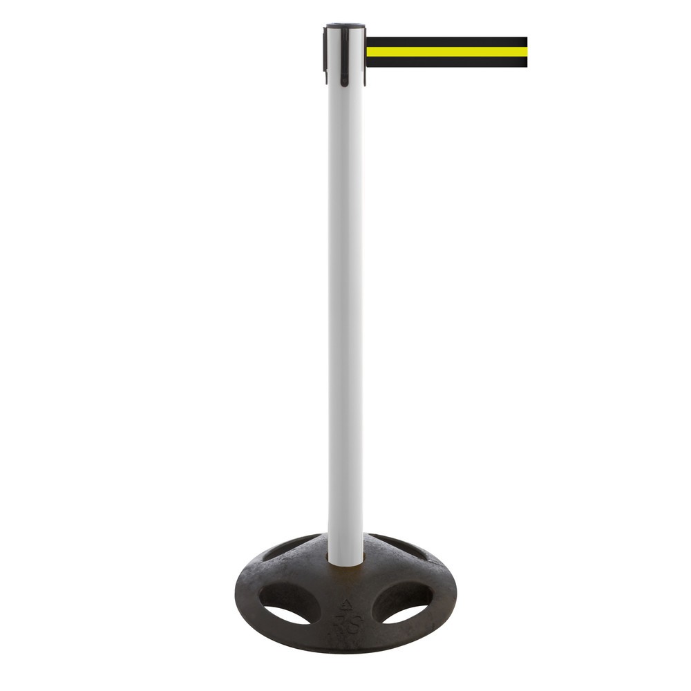 Produktabbildung Nr. 1: RS-GUIDESYSTEMS® Gurt-Absperrpfosten, Bodenteller aus Verbundwerkstoff, Gurtbreite 100 mm, weiß, schwarz / gelb horizontal gestreift