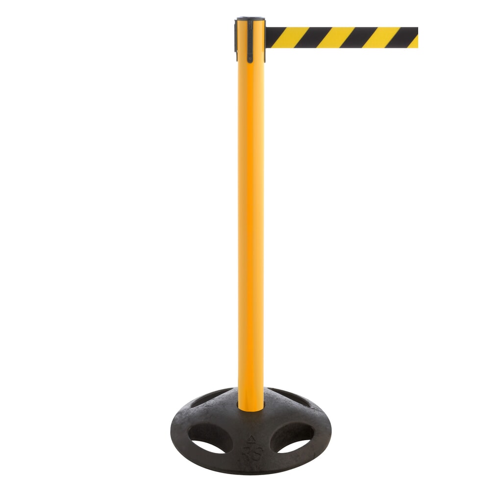 Produktabbildung: RS-GUIDESYSTEMS® Gurt-Absperrpfosten, Bodenteller aus Verbundwerkstoff, Gurtbreite 100 mm, gelb, schwarz / gelb diagonal gestreift