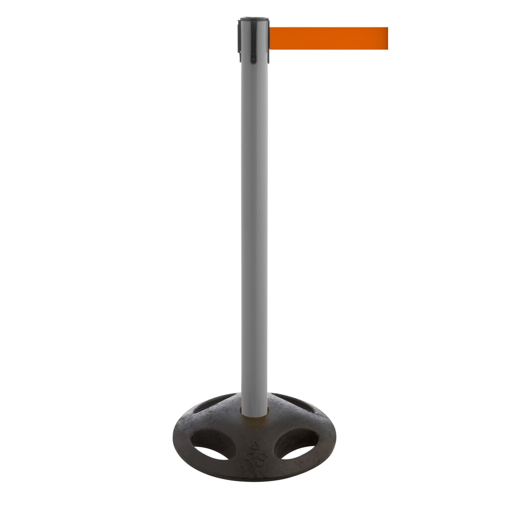 Produktabbildung: RS-GUIDESYSTEMS® Gurt-Absperrpfosten, Bodenteller aus Verbundwerkstoff, Gurtbreite 50 mm, grau, orange