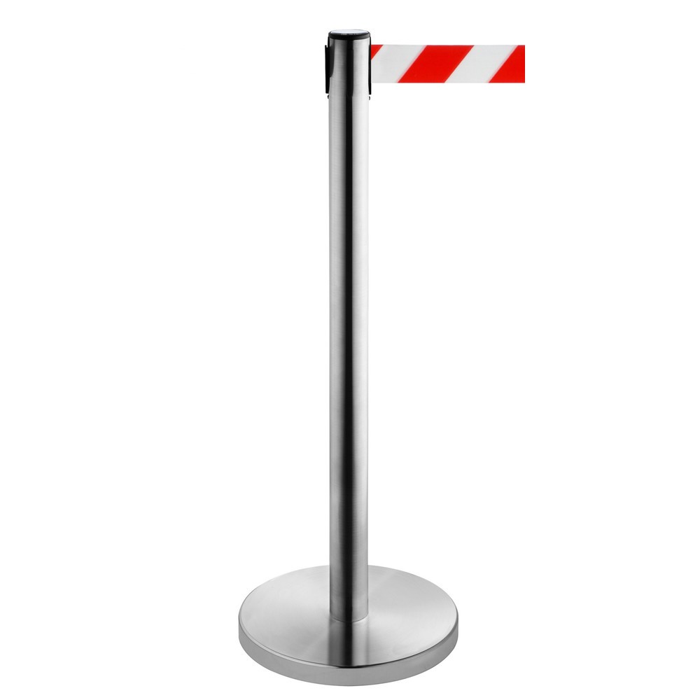 Produktabbildung Nr. 1: RS-GUIDESYSTEMS® Gurt-Absperrpfosten, Edelstahl, Gurtbreite 50 mm, rot / weiß diagonal gestreift, 4,0 m