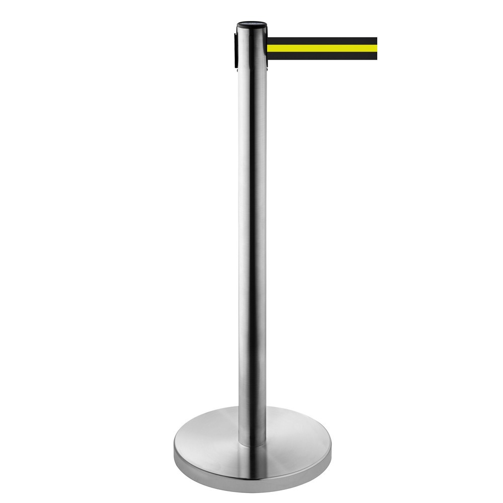 Produktabbildung Nr. 1: RS-GUIDESYSTEMS® Gurt-Absperrpfosten, Edelstahl, Gurtbreite 50 mm, schwarz / gelb horizontal gestreift, 4,0 m