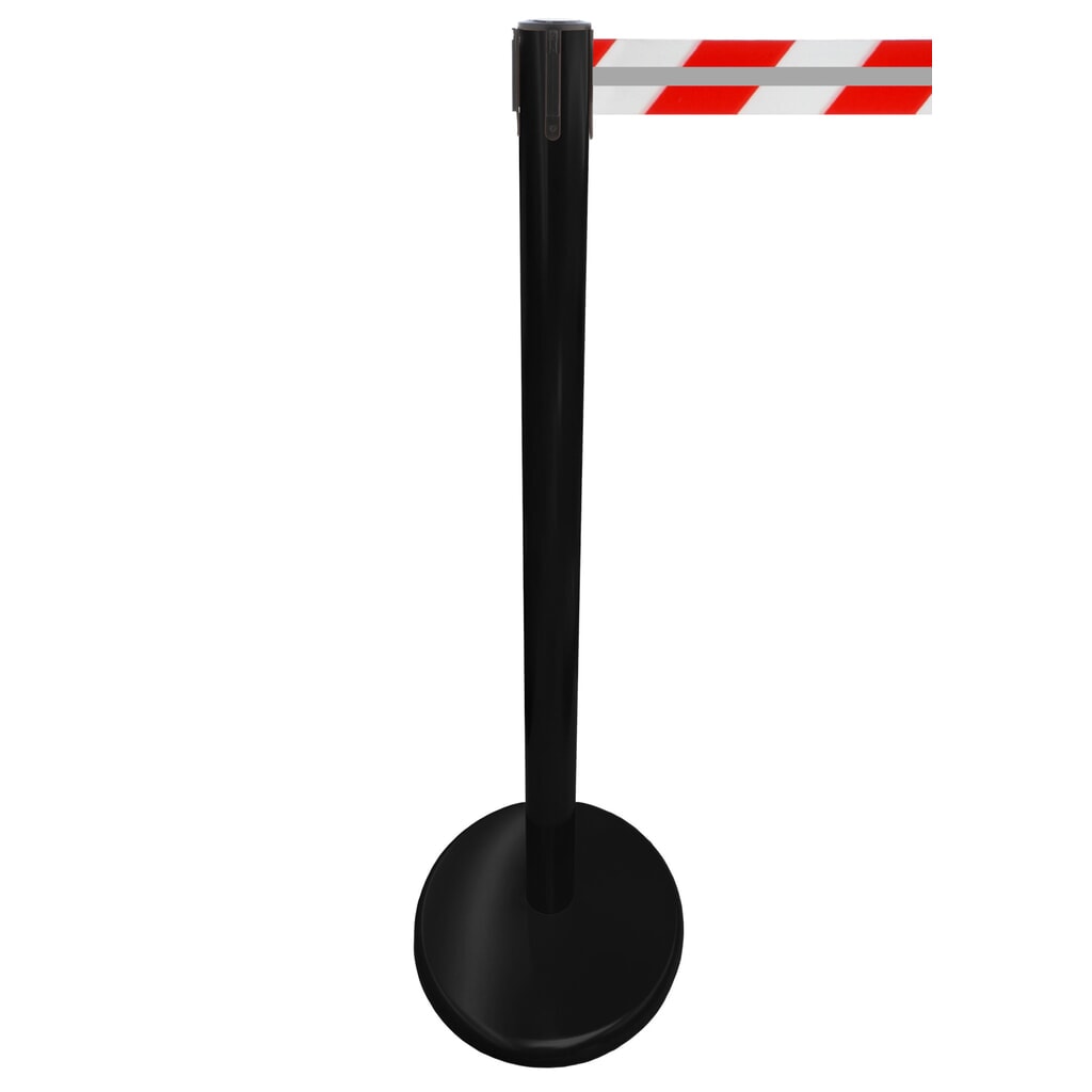 Produktabbildung: RS-GUIDESYSTEMS® Gurt-Absperrpfosten GLA 45-J REFLECTO, Länge 3,5 m, Breite 50 mm, Pfosten schwarz, Gurt rot/weiß
