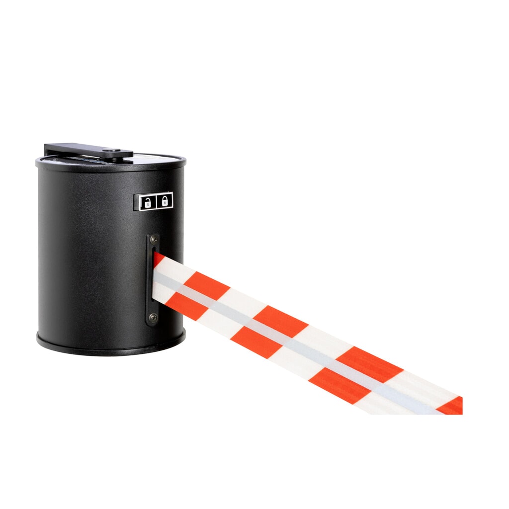 Produktabbildung: RS-GUIDESYSTEMS® Gurtkassette GLW 1800 REFLECTO, Wandmontage, Länge 18 m, Breite 50 mm, Gehäuse schwarz, Gurt rot/weiß